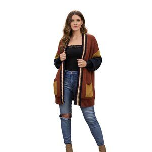 Soft Knitted Corduroy Cardigan Sweater Color Block with Pockets Long Sleeves NEW